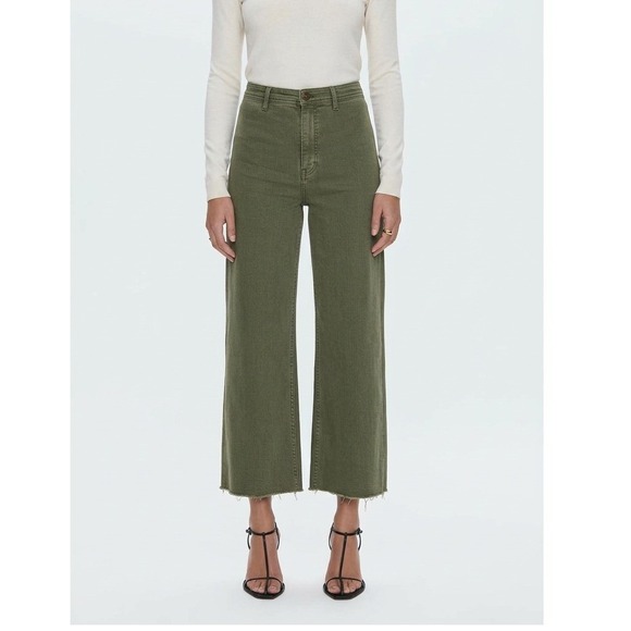pistola Denim - Pistola Penny Wide Leg Crop Jeans 30 Olive Green High Rise Raw Hem Utility Pants